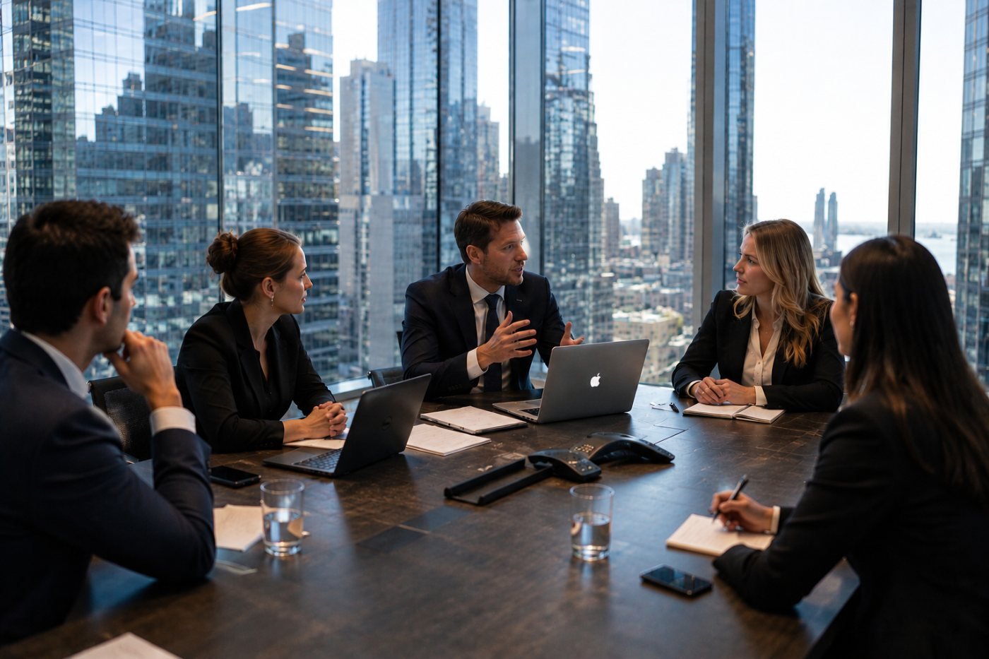 Leadership team in a high-rise boardroom meeting