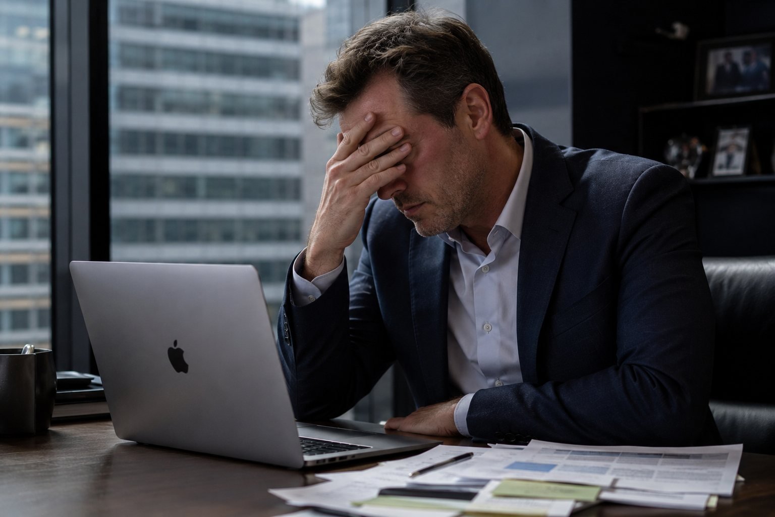 Exhausted executive at his desk in a high-rise office