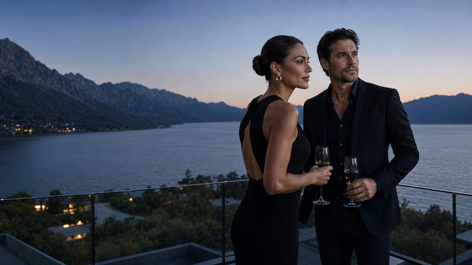 Executive couple at a lakeside retreat at dusk